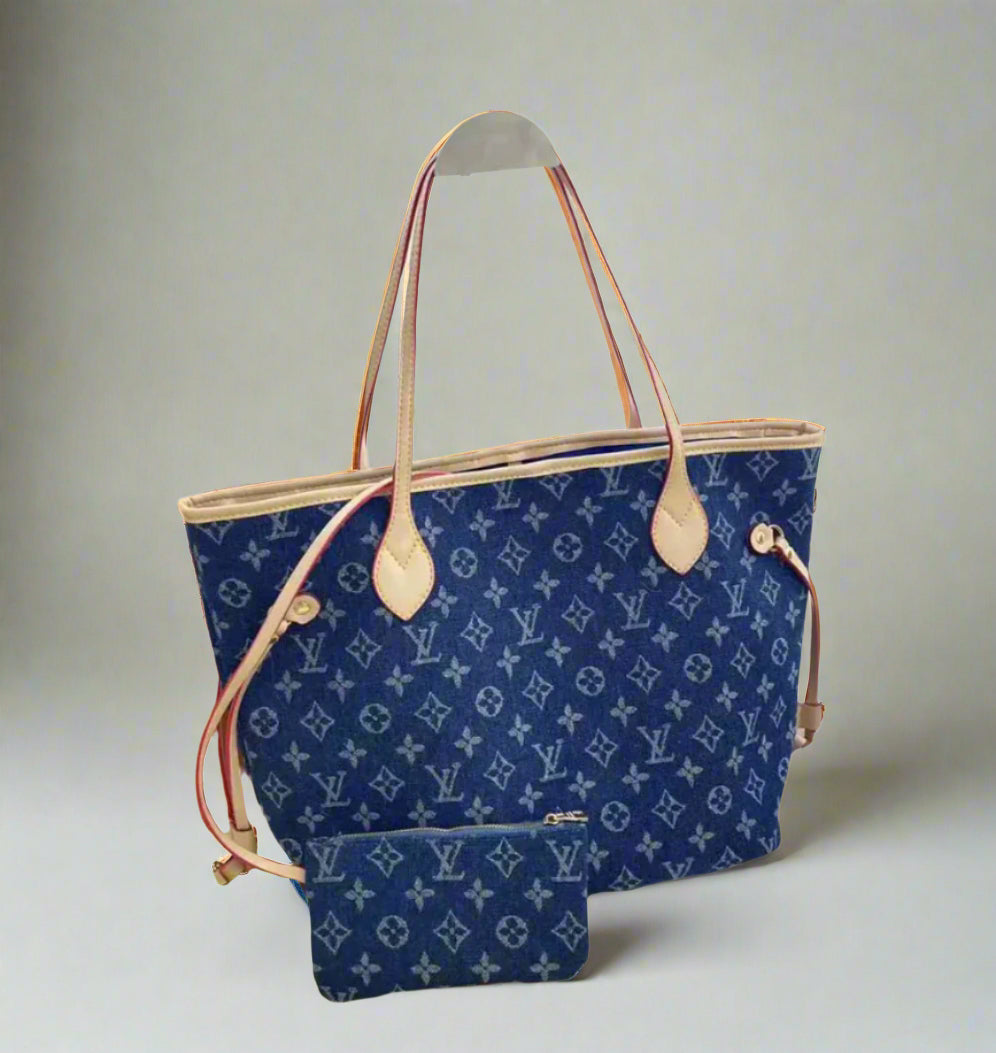 LV Neverfull Tote Bag Blue Denim
