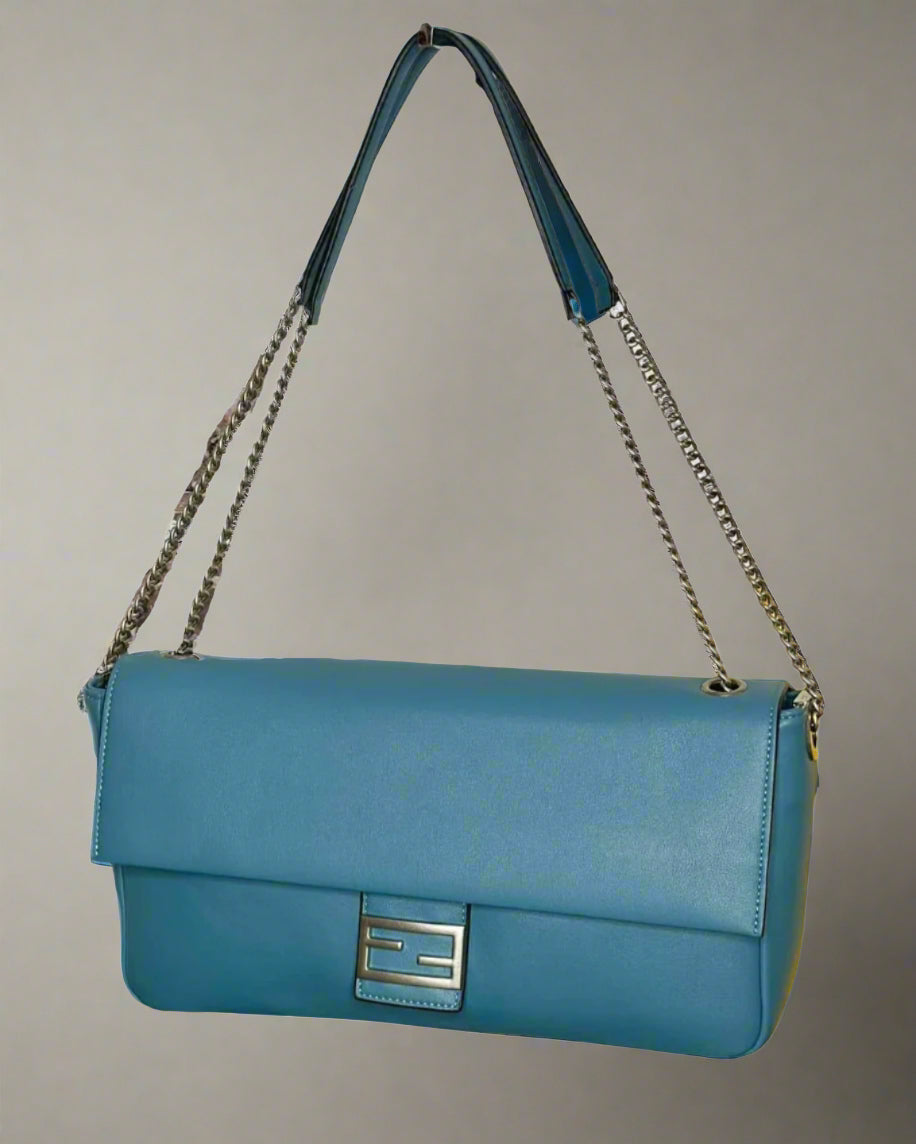 F Blue Baguette Chain Large Handbag